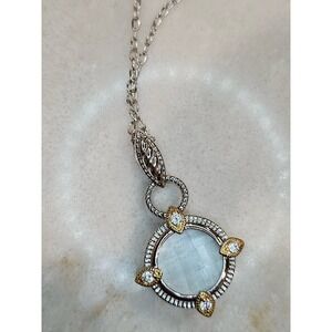 Silver Tone Necklace with Crystal  Round Faceted Stone and Gold‎ Tone Accents